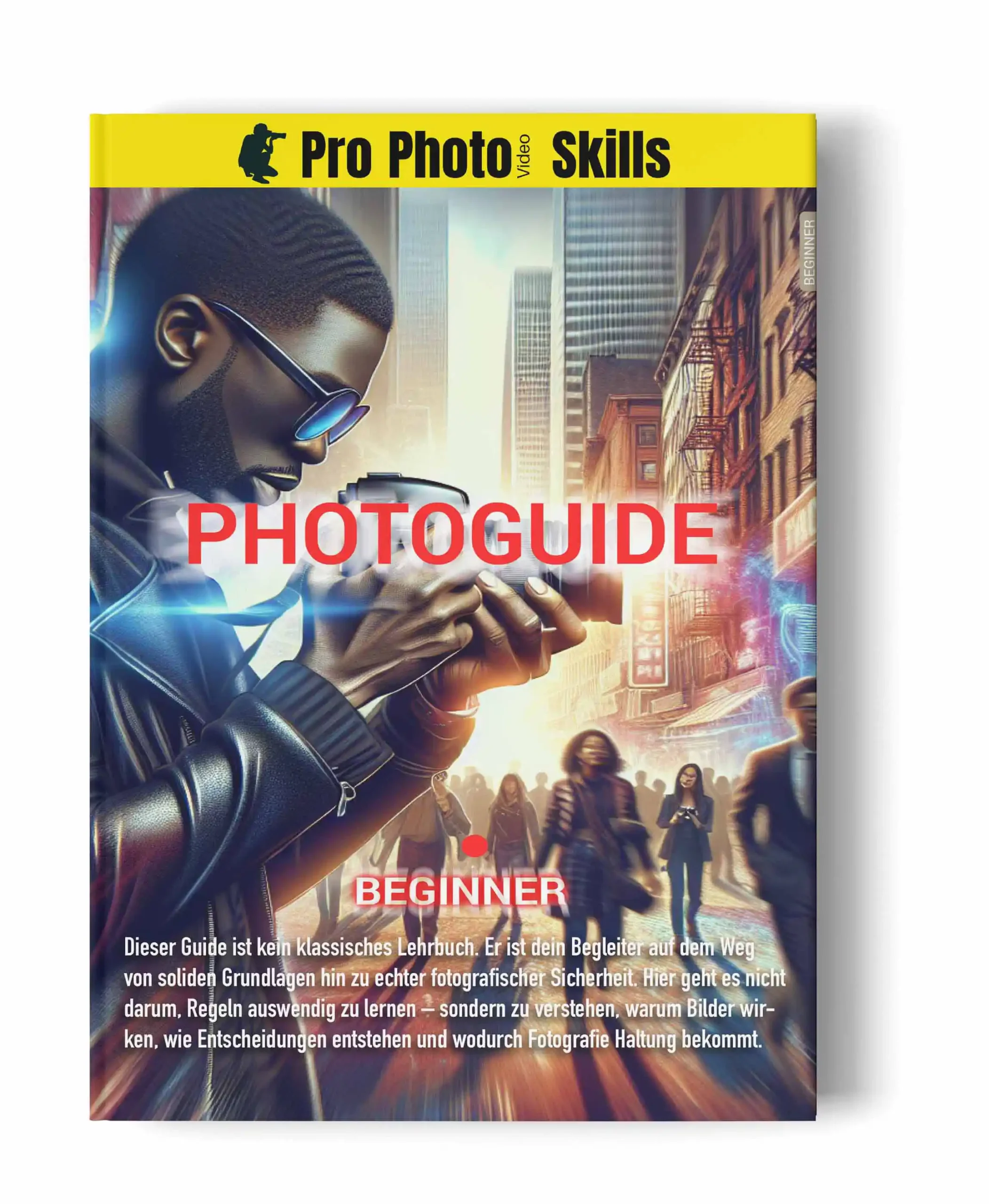 ProPhotoSkills Beginner Guide - kostenlos Kostenloser Photoguide für Einsteiger von ProPhotoSkills als Buch Mockup mit Fokus auf Fotografie Grundlagen
